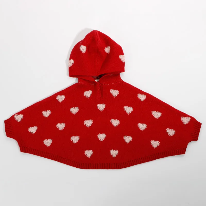 1-4Years Girl Sweater Coat Winter Jacquard Small Love Figure Hooded Cute Girl Knitted Outerwear Kids Warm Cloak Coat - Цвет: Красный