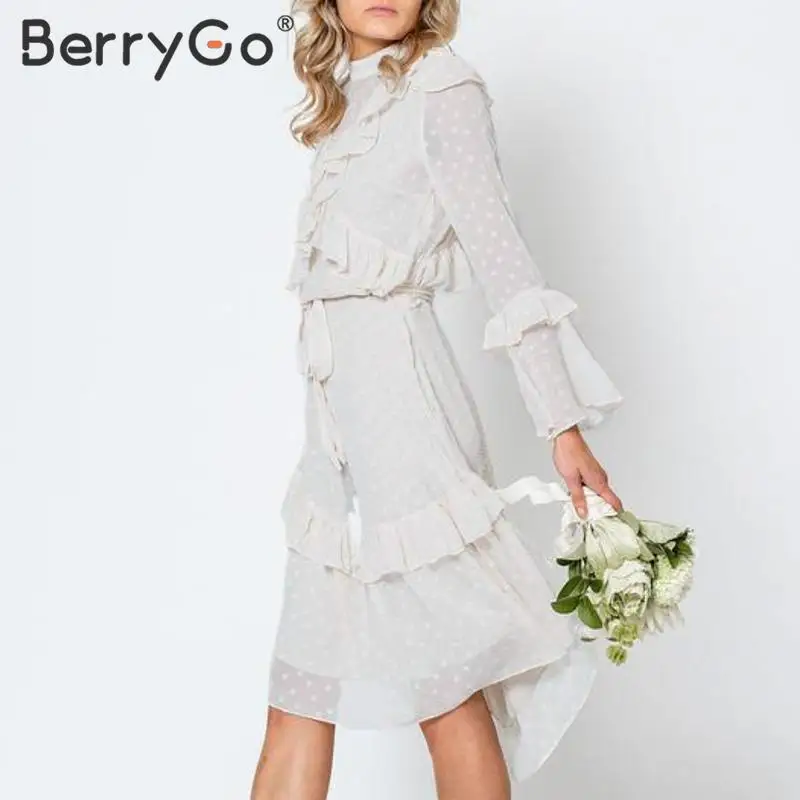 BerryGo, элегантное белое осеннее платье, женское шифоновое ТРАПЕЦИЕВИДНОЕ пляжное платье в горошек, мягкое праздничное гофрированное платье в стиле бохо