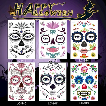 

6Pcs/Set Facial makeup Sticker Waterproof Face tattoo Day of The Dead Skull Face dress up Halloween Temporary Tattoo Stickers