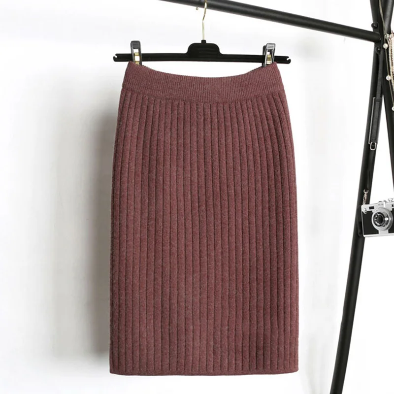 Женская элегантная Шерстяная трикотажная юбка, модная осенне-зимняя плотная Теплая юбка средней длины в рубчик с разрезом и высокой эластичной талией