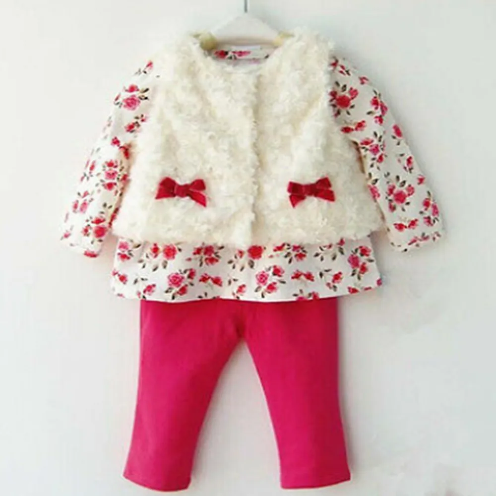 Комплект одежды для маленьких детей: пушистая куртка + футболка штаны милый бант