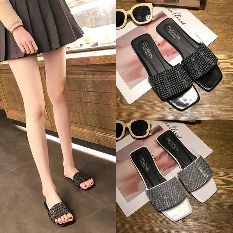 

2019 summer new fashion Korean square head one word open toe rattan grass woven face flat bottom cool women's slippers