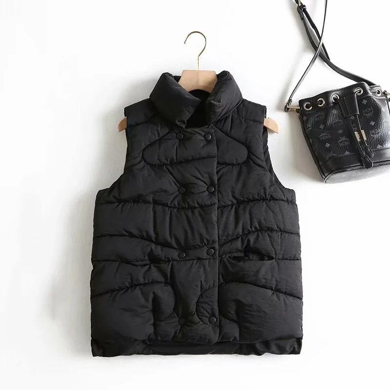 Autumn Winter Vest Solid Collar Double-Breasted Cotton Vest Jacket Female Casual Warm Vests Women's Sleeveless Jacket Coat