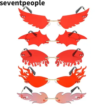 Очки солнцезащитные женские без оправы, модные роскошные солнечные очки Летучая мышь с защитой от слез, винтажные очки с перьями, очки в фор...