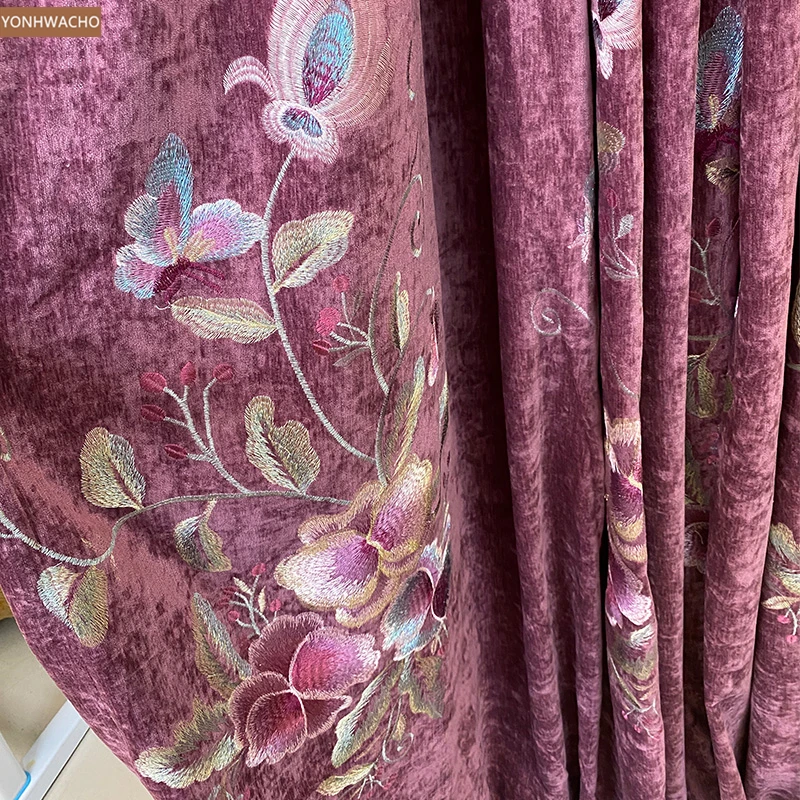 

Custom curtain European American bedroom balcony chenille embroidery purple thick cloth blackout curtain tulle panel C702