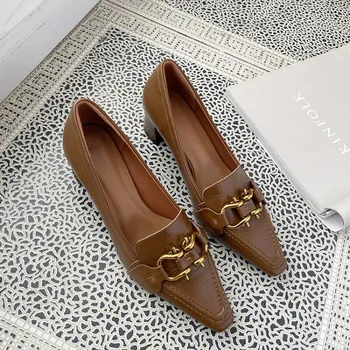 

MLJUESE 2020 women pumps autumn spring soft cow leather Metal decoration pointed toe high heels lady shoes party wedding dress