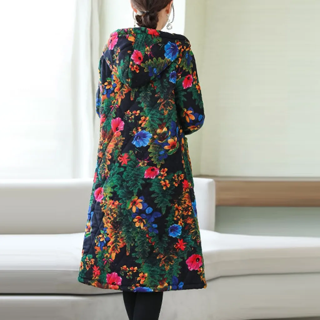 Manteau femme, модное зимнее пальто для женщин, с капюшоном, теплый, Ретро стиль, с принтом, топ, длинный рукав, блузка, Свободное пальто, ropa mujer, ropa mujer