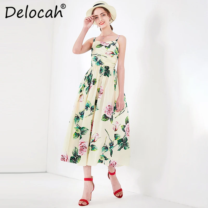 Delocah, весенне-летнее женское платье, подиум, модный дизайн, хлопок, сексуальное, на бретельках, с принтом розы, элегантное, тонкое, женское платье