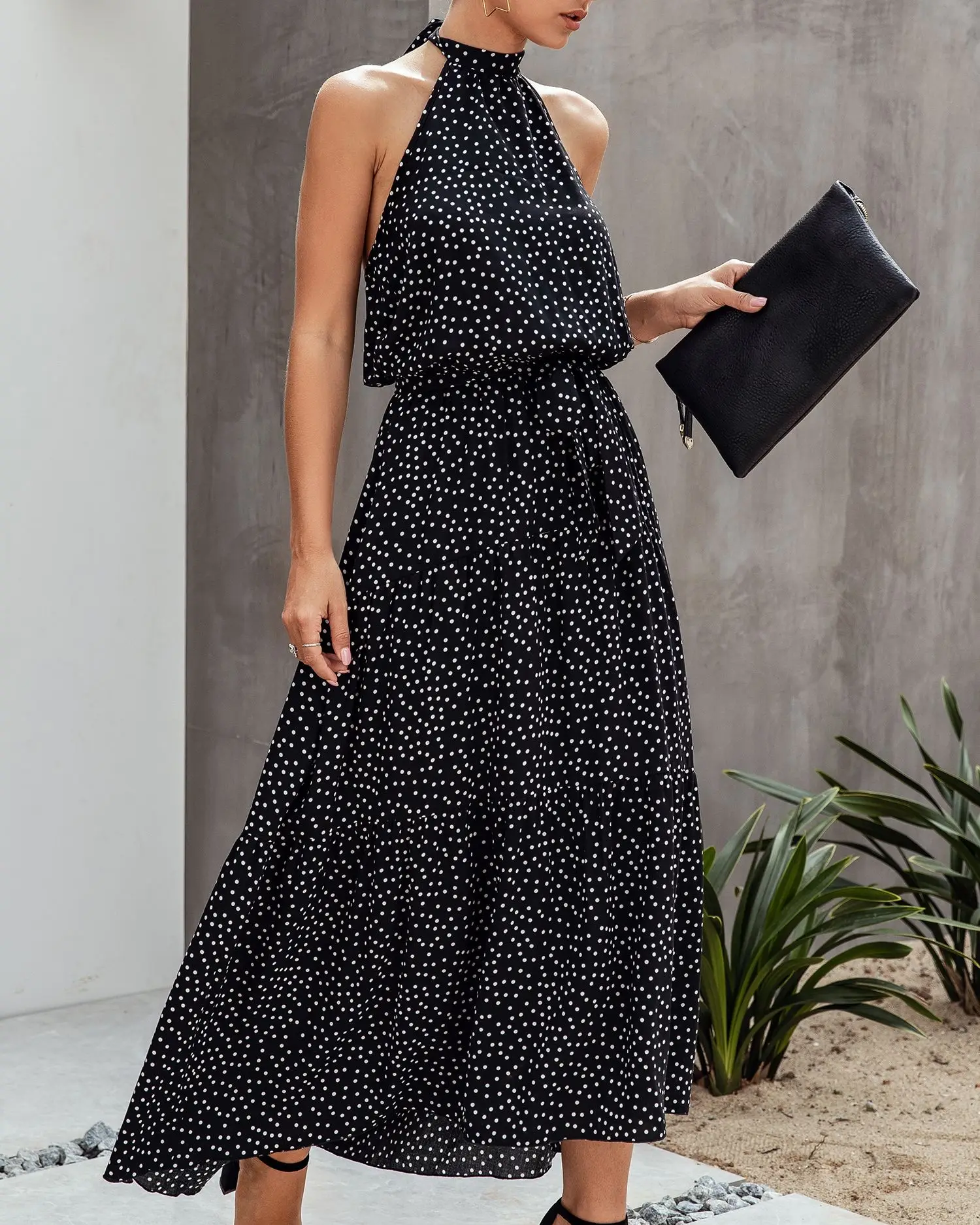 600259black Хит, летнее платье, модное женское платье в горошек с цветочным принтом, сексуальное платье с открытой спиной, богемный пляжный Сарафан - Цвет: 600259black
