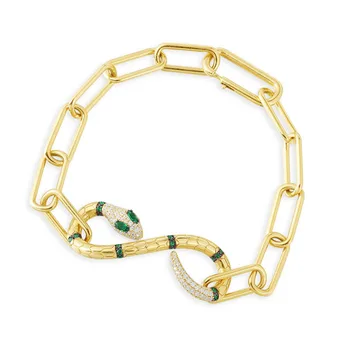 

Top Quality Real 925 Sterling Silver Yellow Gold Color Green Eyes Serpent Snake Chain Bracelet Women Luxury Brand Jewelry