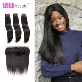 

Straight Human Hair Bundles With Lace Frontal Closure PrePlucked Lace Frontal With Bundles 10A Indian Virgin Hair DJSbeauty