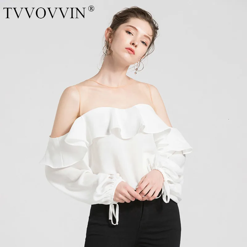 TVVOVVIN, женская шифоновая блузка с открытыми плечами, с оборками, в стиле пэчворк, с рукавом-фонариком, на шнуровке, женские весенние сексуальные топы E037