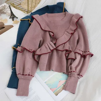

2019 autumn new sweater women fashion simple solid color round neck ruffled decorative loose comfortable pullover casual sweate