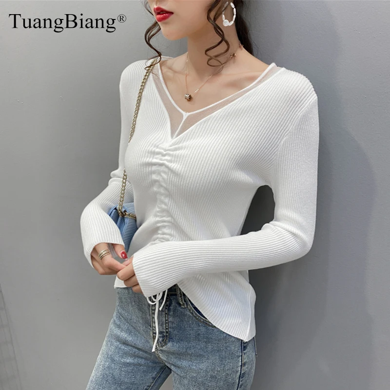 

2020 Mesh Lace V-Neck Long Sleeve Pleated Pullovers Autumn Slim Women Basic White Sweaters Female Patchwork Casual Knitted Tops