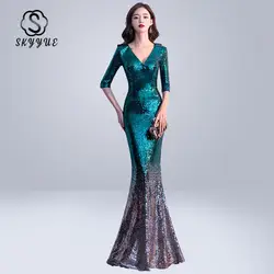 Skyyue вечернее платье с коротким рукавом Robe De Soiree, на молнии, с блестками, женские вечерние платья 2019, большие размеры, сексуальные, v-образный