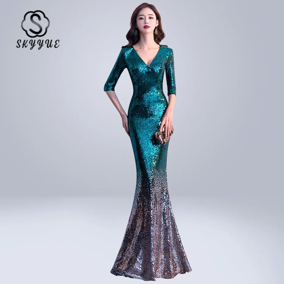 

Skyyue Evening Dress Half-Sleeve Robe De Soiree Zipper Sequined Women Party Dresses 2019 Plus Size Sexy V-neck Formal Gowns C077