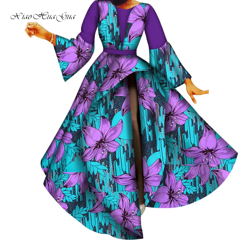 Fashion Patchwork Flare Sleeve Long Dress Bazin Riche African Print Dresses for Women Party Vestidos African Clothing WY5643