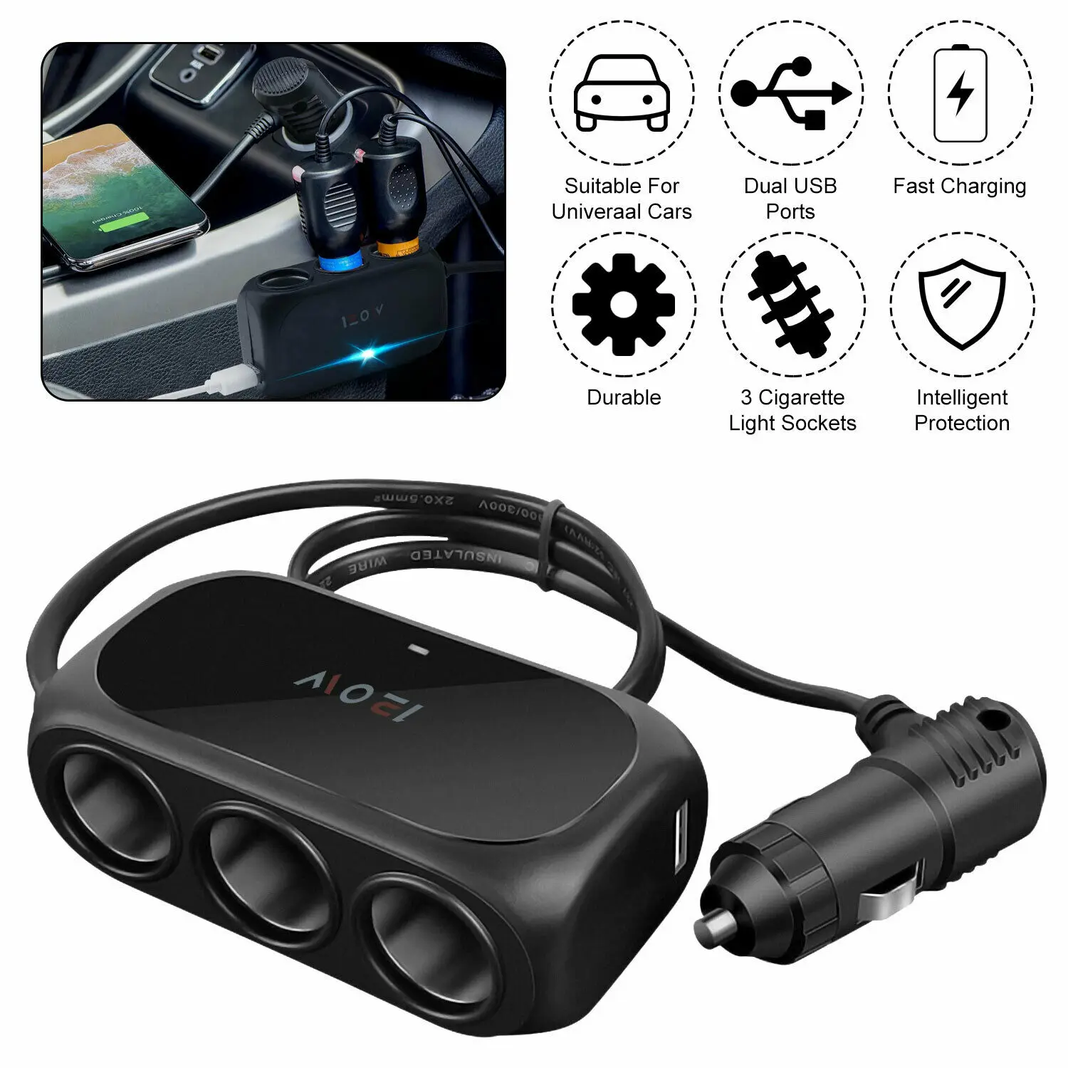 3 Way Universal Car Cigarette Lighter Socket Splitter LED Dual USB Charger Power Adapter DC 12V-24V For Mobile Phone PC Ipad | Автомобили