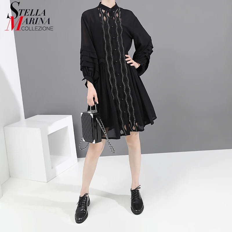 

* 2019 Two Pieces Set Women Autumn Black Chiffon Dress & Tank Top Hollowed Out Crystals Lantern Sleeve Ladies Elegant Dress 5538
