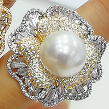 GODKI, трендовые массивные кольца с цветами и жемчугом для женщин, кубический циркон, кольца на палец, бусины, очаровательное кольцо, богемное пляжное ювелирное изделие - Цвет основного камня: D 2Tone White Pearl