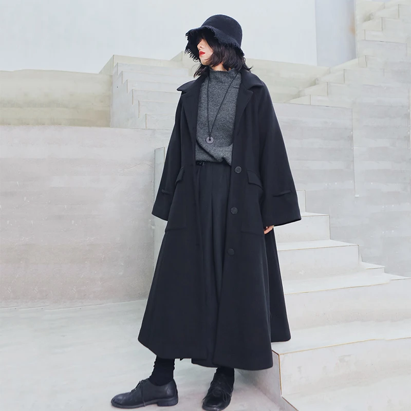 [DEAT] Loose Fit Pocket Bandage Warm Woolen Coat Parkas New Hooded Long Sleeve Women Fashion Tide Autumn Winter 19L-a143