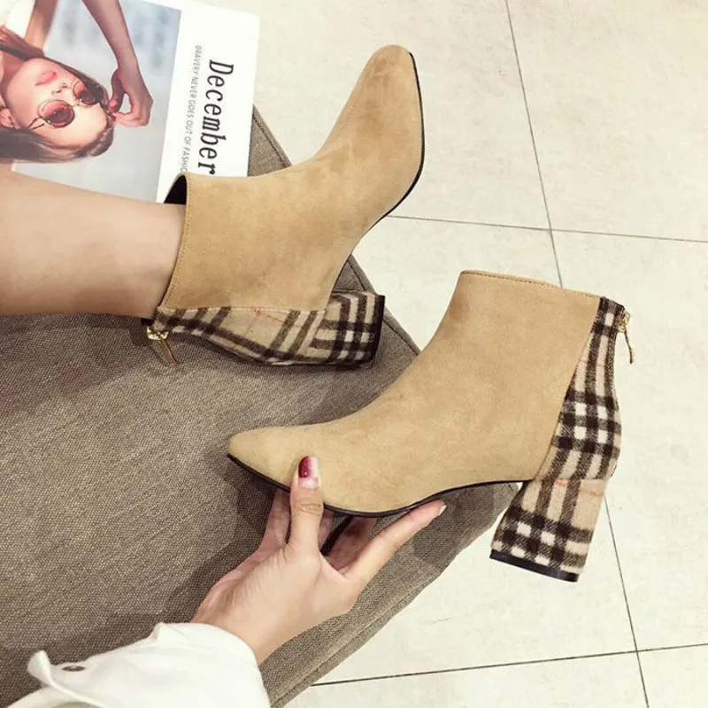 

Women Checkered Pointed Toe Mid Calf Boots Autumn Slip on Square High Heels Ladies Fashion 2019 New Female Casual Sock Shoes