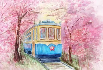 

Painting drawing train flowers tree Photo Backdrop Photo Background Children baby shower Photo Background