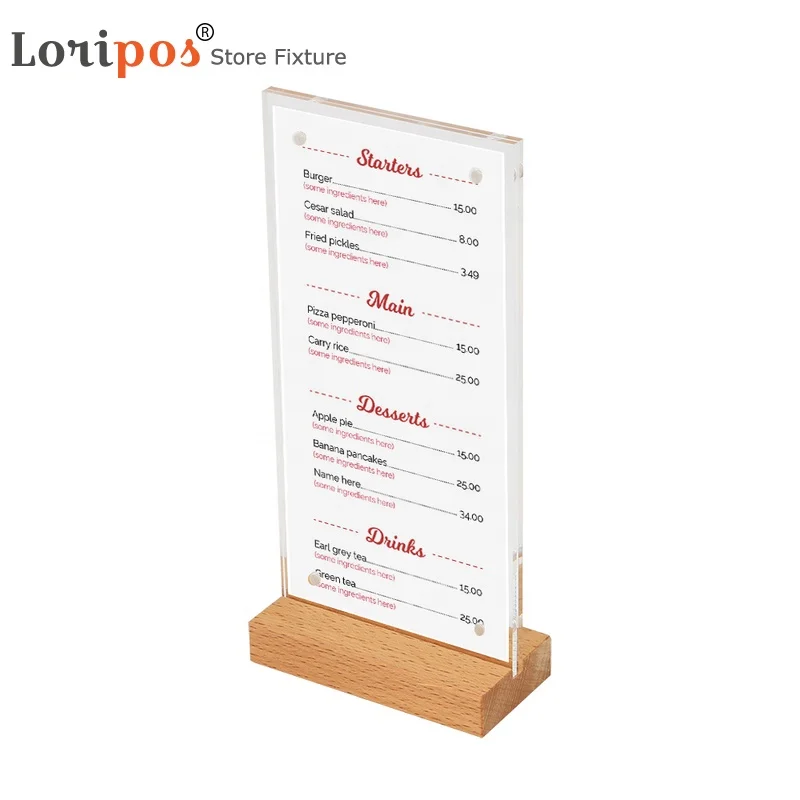 10X20CM Magnetic Menu Stand Holder LOGO Custom T Shape Desk Acrylic Sign Holder With Wood Base On Tabletop Countertop Standing