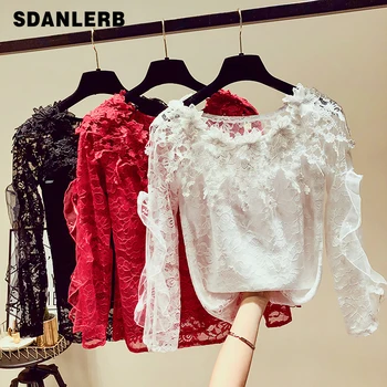 

2019 Autumn Red Lace Shirt Women's Wear Lace Stitching Mesh Hollow Temperament Jacket Female Lady Party Blouse Blusas Feminina