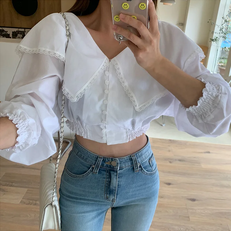 

Chic Fashion Elegant Sweet Simple Solid Shirt for Ladies Sweet Ruffles Peter Pan Collar Shirt Elegant Fashion Women's Shirt
