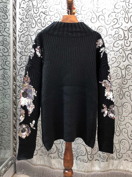 Ранняя осень новая женская одежда круглый воротник Блестки цветок мозаика украшение с длинным рукавом Свободный вязаный свитер 919