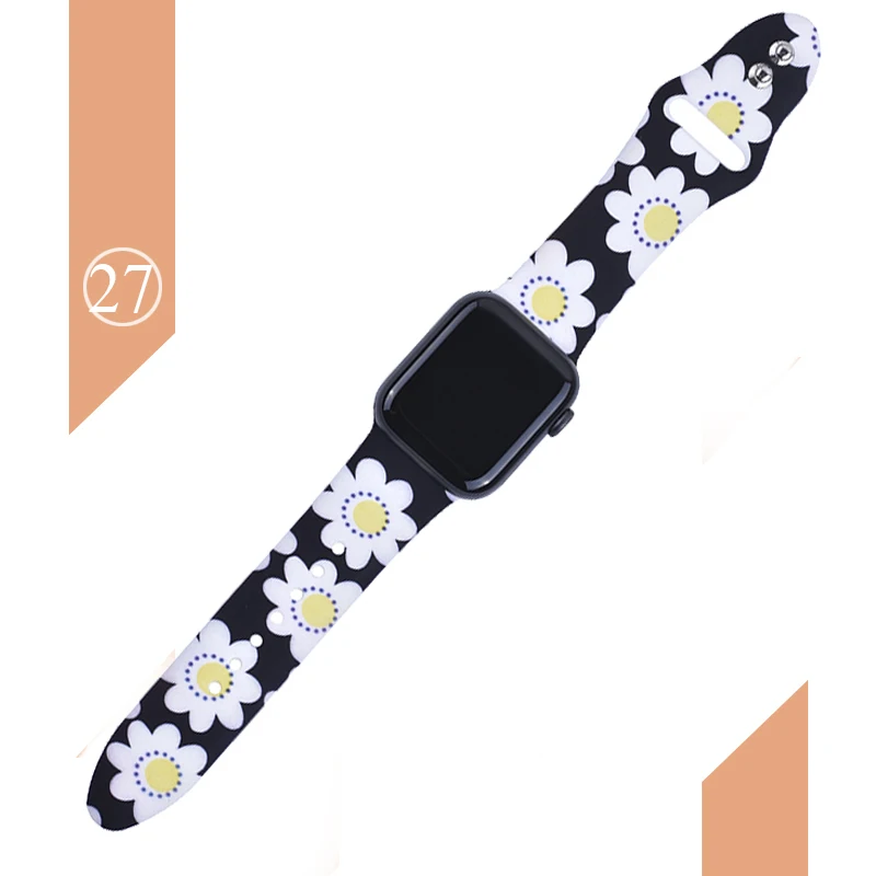 С цветочным узором ремешок для наручных часов Apple Watch 5 4 3 2 1 38/40 мм/42 44 мм мягкий печатным рисунком разноцветных силиконовых спортивный ремешок для наручных часов Iwatch, 4 Для женщин детей - Цвет ремешка: Color 27