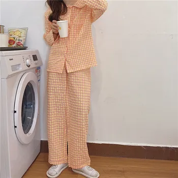 

Autumn loose-breasted lapel long-sleeved plaid cardigan + elastic trousers pajamas suit women pajamas cotton