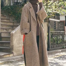 Женское клетчатое зимнее пальто с длинным рукавом, теплое шерстяное женское элегантное двубортное шерстяное пальто размера плюс w002