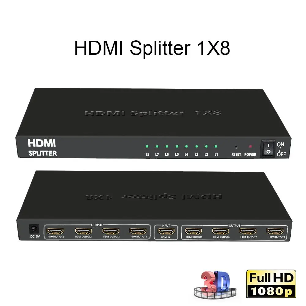 1x8 HDMI сплиттер один в восемь выход HDMI сплиттер аудио видео дистрибьютор Усилитель Поддержка Full HD 3D 1080 P/60 Гц