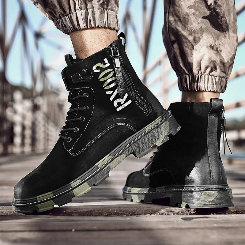 New Genuine Leather Shoes Men Boots Martin Boots Motorcycle Shoes Autumn Winter Shoes Lover Snow Boots Camouflage Big Size
