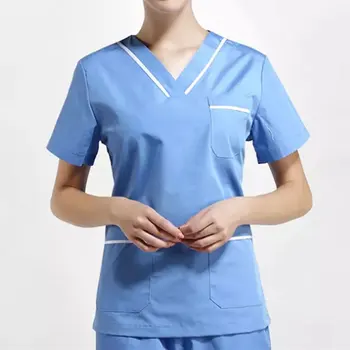 

Pure Cotton Nursing Uniforms Fashion Scrubs Set for Women Color Blocking Sedign V-Neck Short Sleeves Top + Pants