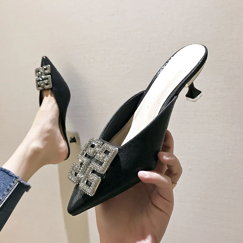 

8388-1 Summer 2019 Versatile New Style Hipster Pointed-Toe Closed-toe Sandals High Heel Shoes Women's Thin Heeled Low Heel Shoes