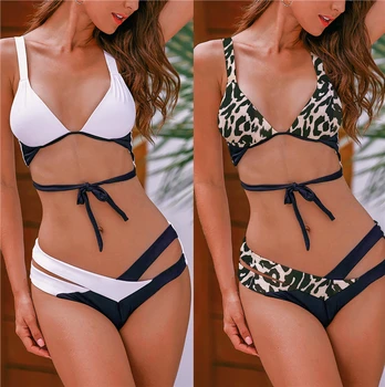 

Sexy Bikini Set Patchwork Swimwear Women Leopard Print Swimsuit Bikini Triangle Front Knot Women Bathing Suit biquini feminino