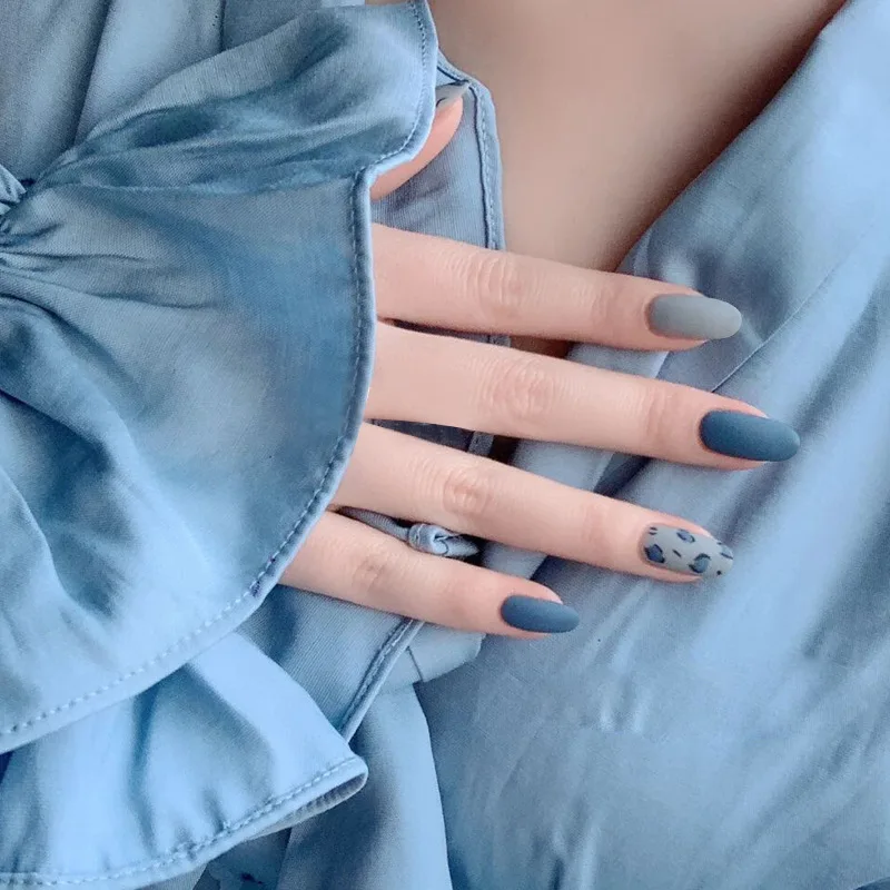 Nusx 24pcs Matte False Nails Full Finished Blue Leopard Pattern Fake Nails Beauty Artificial Full Cover 2
