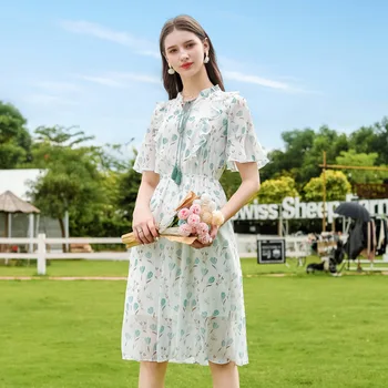

Elegant Floral Dress Women 2020 Summer New Cute Flare Sleeve Ruffles High Waist Flower Printing Chiffon Dresses Vestidos