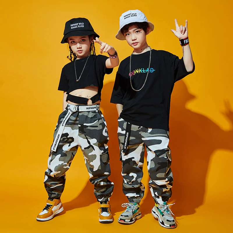Orange/Grey/Purple Camouflage Hip Hop Pants For Kids Jazz Dance Costume Short Sleeve Tops Girls Boys Stage Show Clothing BL5953