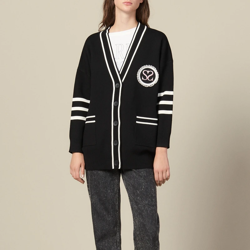 

Runway V Neck Women Cardigan Sweater Lady Single Breasted Embroidery Outwear Beading Autumn Winter Female Striped Coat Oversized