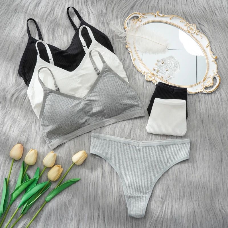 2PCS Bra Set Women Sexy Bralette Sexy Female Underwear Lingerie Basic Stretchy Tank Crop Top Ribbed Tops Girls Fashion Brassiere