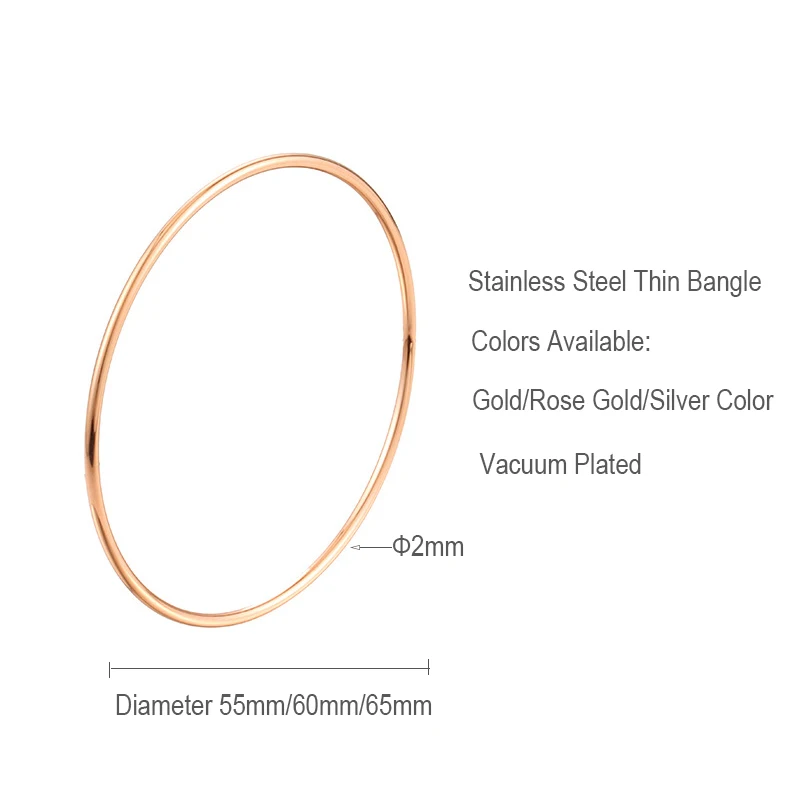 2mm Stainless Steel Single Thin Wire Circle Round Bangle Bracelet Women Simple Classic Jewelry Gold Silver Color 55cm 60cm 65cm 6