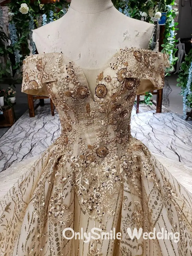 Пышные свадебные платья с открытыми плечами, золотистые кружевные Роскошные свадебные платья с кристаллами и бисером, свадебное платье, настоящая фотография