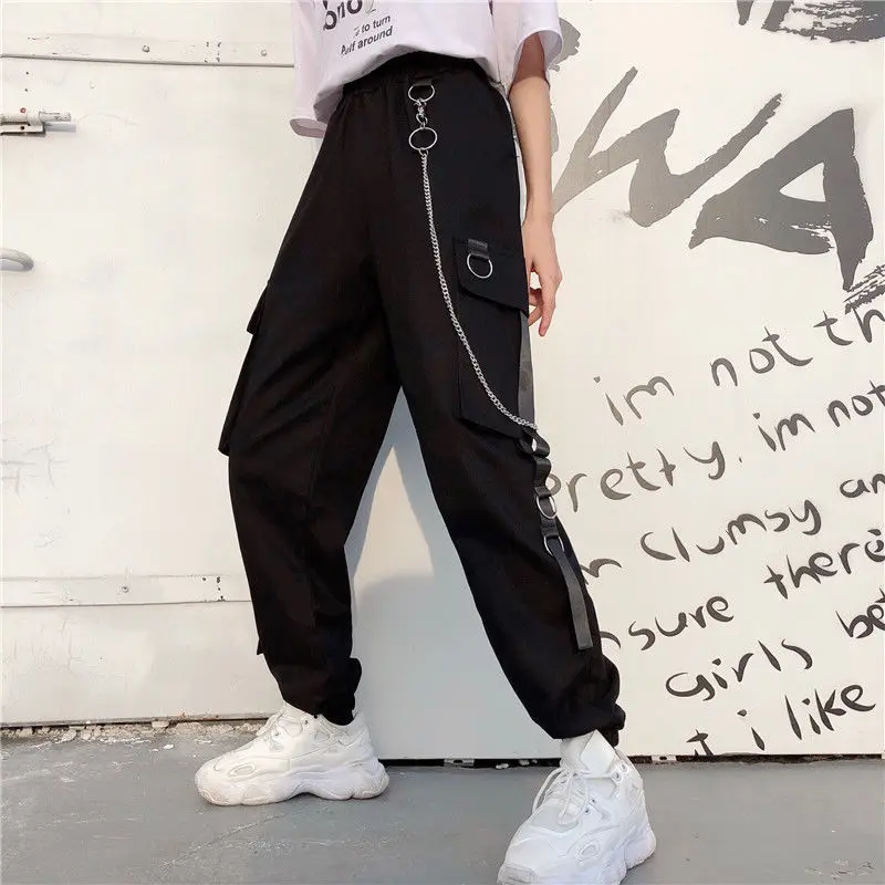 Cargo Pants Womens Harajuku Pants with Chain Multi Pockets Joggers Woman Trousers High Elastic Waist Hip Hop Female Harem Pants Cargo Pants Womens Harajuku Pants with Chain Multi Pockets Joggers Woman Trousers High Elastic Waist Hip Hop Female Harem Pants