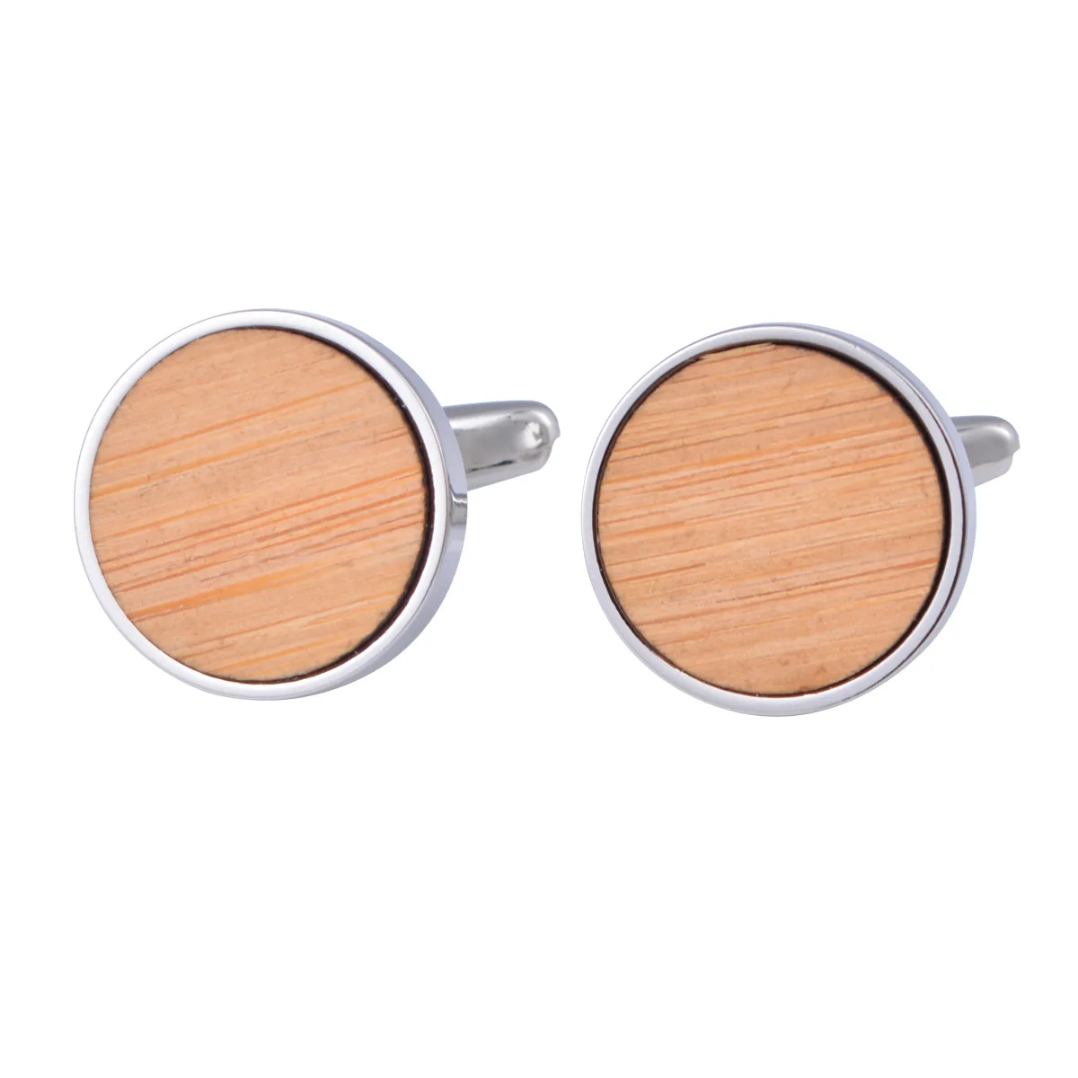 Mens Jewelry Wood Cufflinks Round Suit Shirt Cuff links Buttons Silver