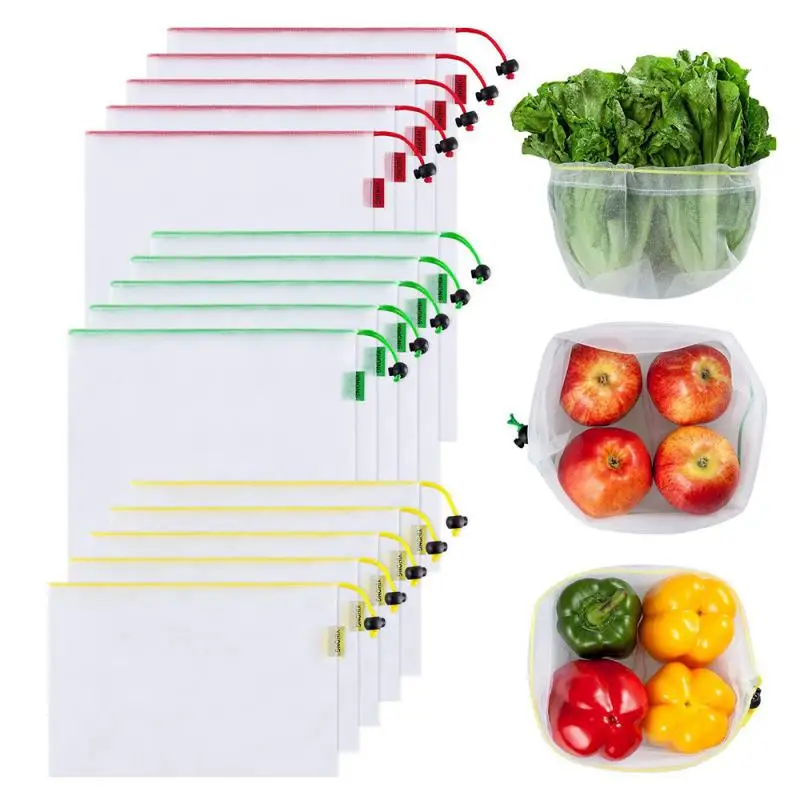 15pcs/set Reusable Fruit Net Bag Produce Bags Black Rope Mesh Vegetable Toys Storage Pouch Basket Organizer Tools Dropship | Дом и сад