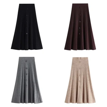 

Autumn And Winter Skirt New High Waist Stretch Single-breasted Knit Skirt Solid Color Pleated Skirt